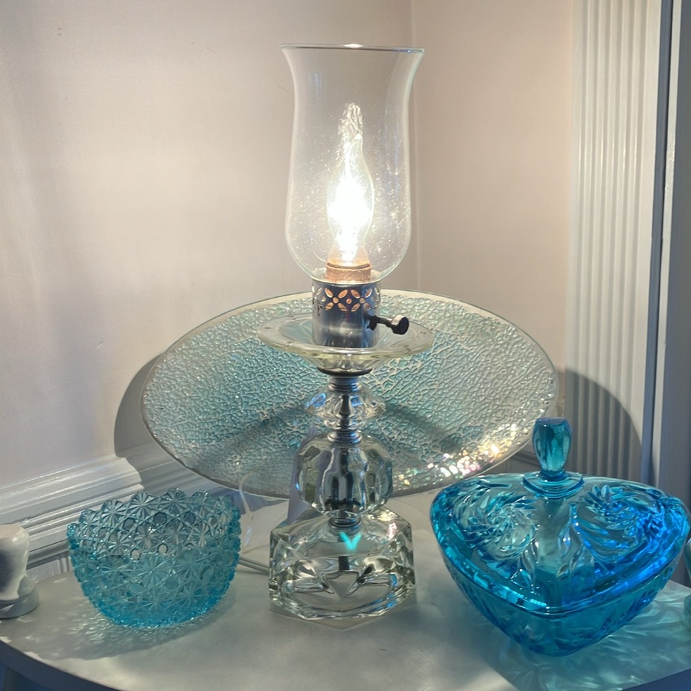 Art Deco Crystal/Glass Hurricane Style Lamp With Stacked Glass/Crystal Base